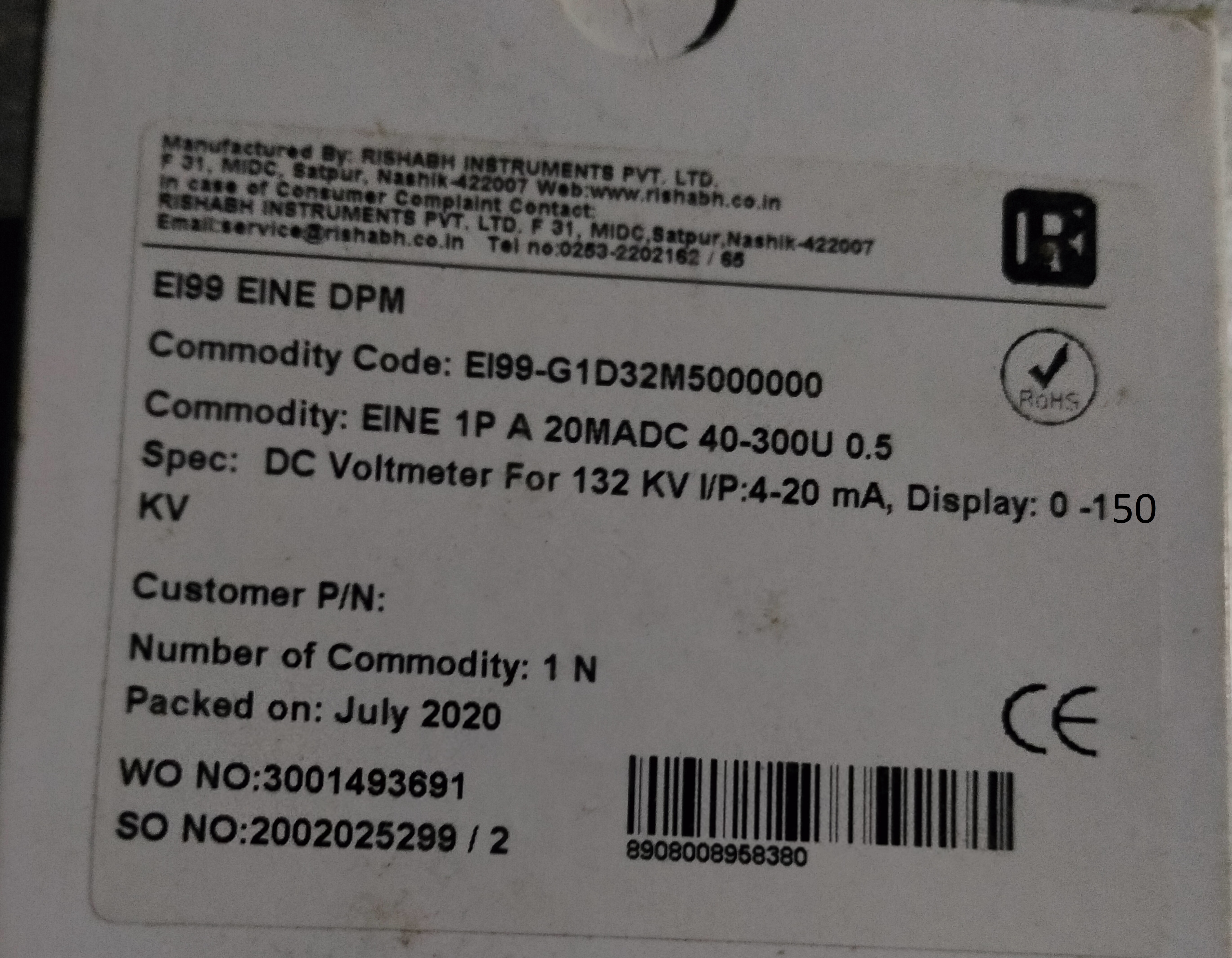 Rish Eine+ DC Digital Voltmeter For 132 KV, Input: 4-20 mA, Display: 0-150KV