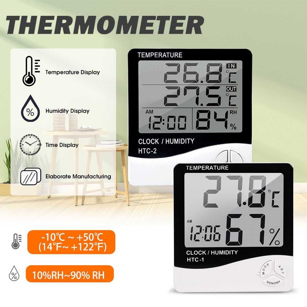 Clock Temperature & Humidity Meter Digital Hygrometer Indoor HTC-1
